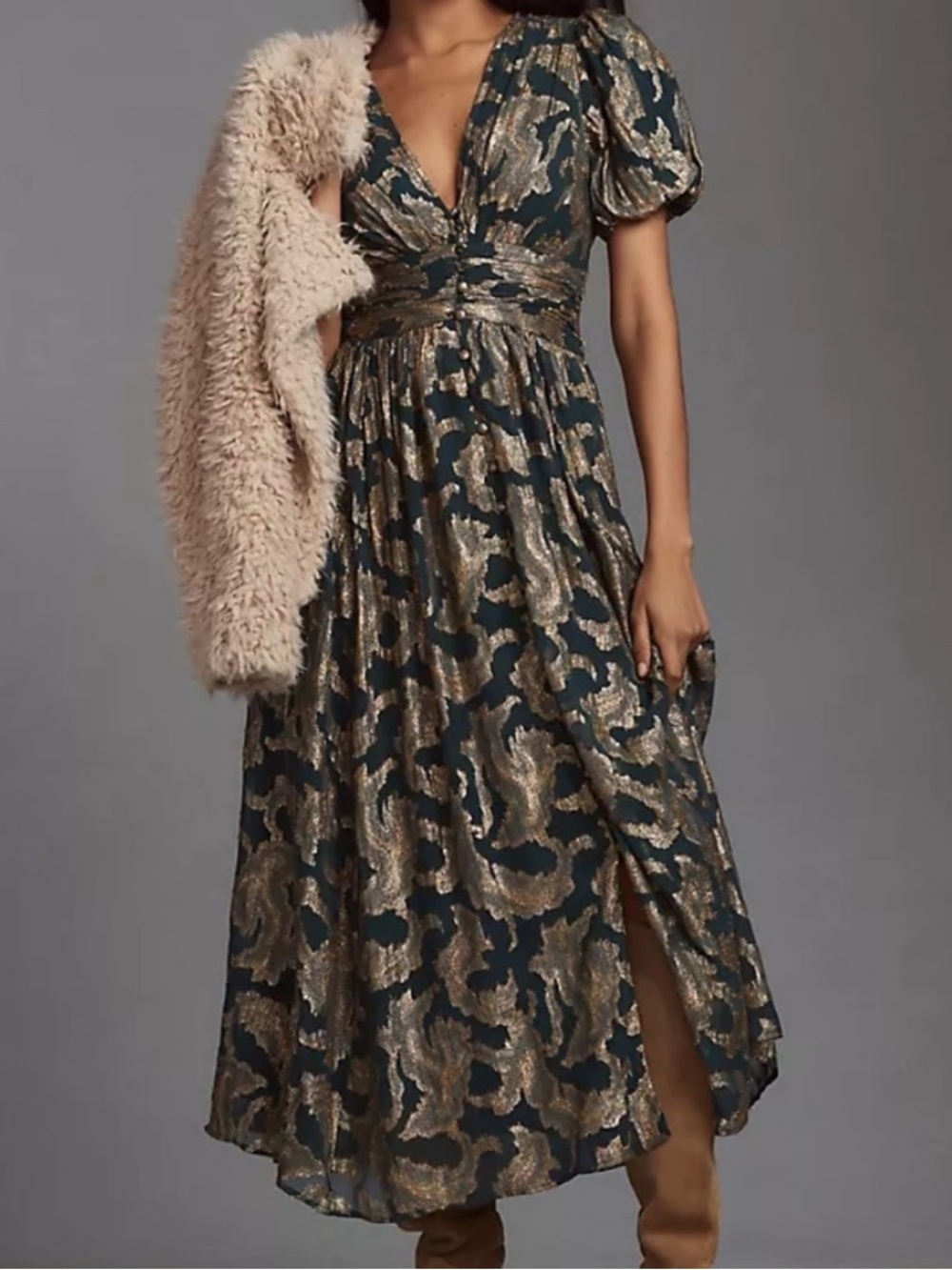 Metallic Floral Midi Dress with Puff Sleeves - Green/Gold